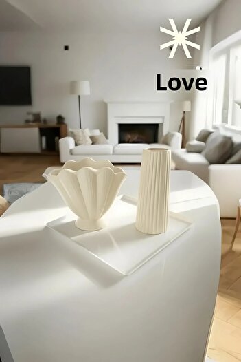 SEVMİNE ✨   Cream Duo Set of 2 Bohemian & Scandinavian Cream Vases – Striped & Oyster Shape