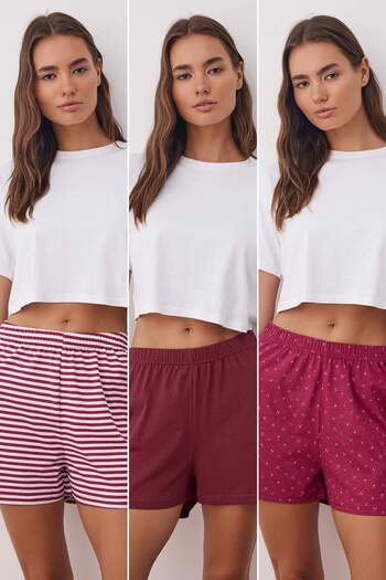 Trendyol Collection Bordó-multicolor 3-as 100% pamut nyomott egyszínű póló kötött pizsama alsó THMSS25PJ00014