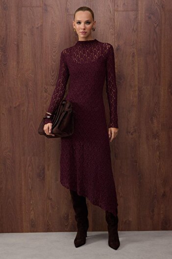 Trendyol Collection Special Collection Plum Straight Asymmetrical Bodycon/Body-Hugging Maxi Knitted Lace Dress Twoaw26El00057