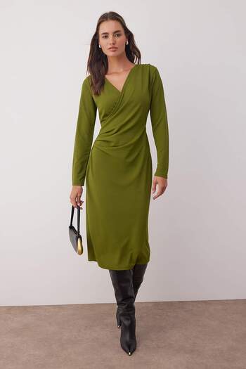 Trendyol Collection Oil Green Double Breasted Collar Long Sleeve Gather Detail Bodycon Midi Knitted Dress Twoaw24El00826