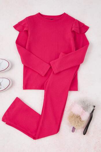TRENDYOLKIDS Fuchsia 100% Cotton Plain/Basic Ribbed Girls' Knitted Sweatshirt Leggings Bottom-Top Set Tkdaw25Au00051