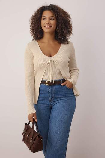 Trendyol Curve Beige V-Neck Thin Knitwear Cardigan and Undershirt Set - TBBAW23AV00047 with Tie Detail