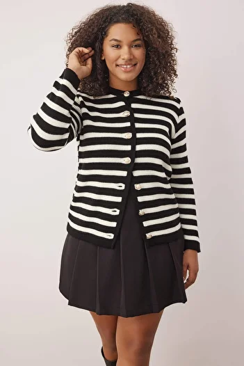 Trendyol Curve Black-White Striped Jacket Look Knitwear Cardigan Tbbaw24Av00011