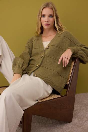 Trendyol Collection Khaki Soft Textured Wide Fit Knitwear Cardigan Twoaw26Hi00206