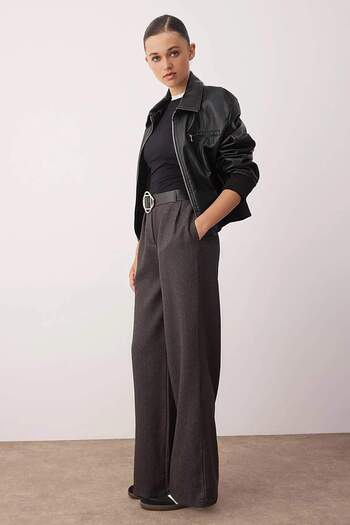 Trendyol Collection Gray Belted Wide Leg/Wide Leg Thick Fabric Trousers Twoaw26Pl00033