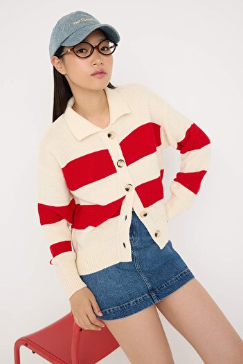 Trendyol Collection Teen Stone Striped Polo Neck Knitwear Cardigan Twoaw26Hi00202
