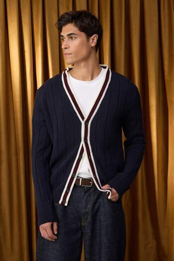 Trendyol Collection Special Collection Navy Blue Regular V-Neck Color Block Cardigan Tmnaw26Hi00003