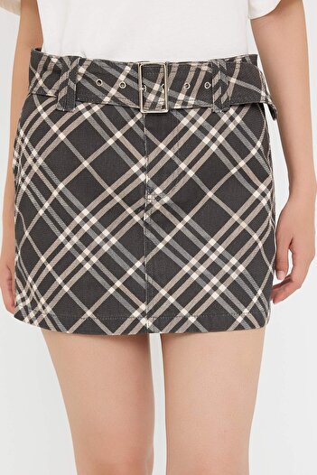 Trendyol Collection Teen Multicolor Plaid Pattern Belt Detail Denim Skirt Twoaw26Et00051