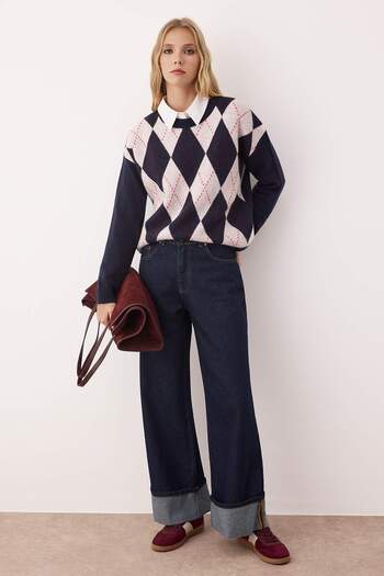 Trendyol Collection Navy Blue Wide Fit Diamond Patterned Knitwear Sweater Twoaw26Kz00030