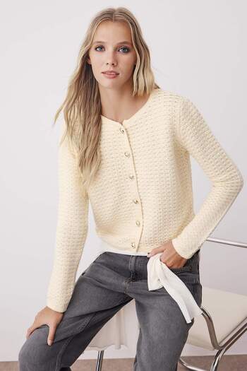 Trendyol Collection Stone Textured Cotton Look Knitwear Cardigan Twoaw26Hi00186