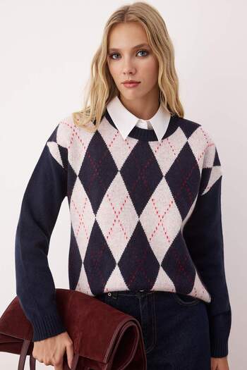 Trendyol Collection Navy Blue Wide Fit Diamond Patterned Knitwear Sweater Twoaw26Kz00030