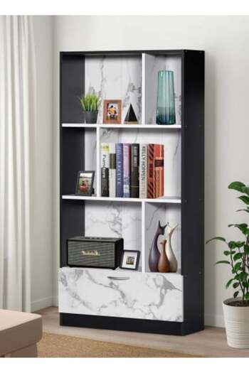 BAITY 3-Tier Office Shelving Unit with Storage Drawer - Black and White Marble Pattern