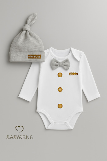 BABYDEN'S Little Boss Baby Boy Long Sleeve Snap Body and Beanie Set Button Printed with Bow Tie 100% Cotton