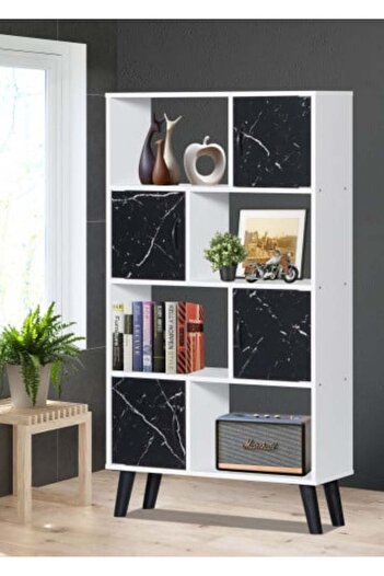 BAITY Malaysian Wood Bookcase with Marble Design - 4 Shelves and Drawers