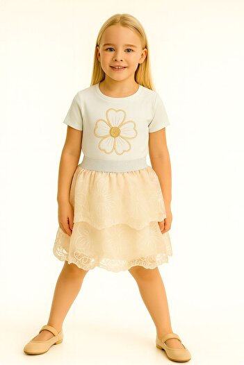ESİLA KİDS Girls' Suit Floral Embroidery T-Shirt and Layered Lace Skirt