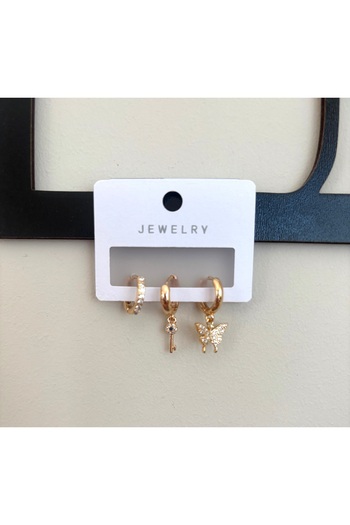 DEFORA Set of 3 Steel Earrings with Butterfly Stones