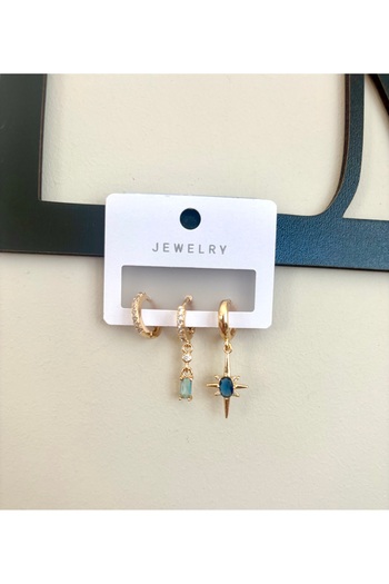 DEFORA Set of 3 Gold Steel Earrings Blue Stone North Star Earrings