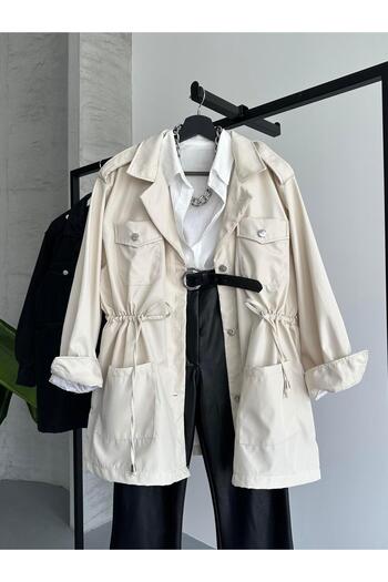 FERZOLAİO Adjustable Drawstring Safari Stone Trench Coat