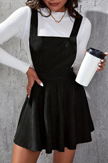 Mossta Flared Velvet Dress with Cross Detail at the Back - Black