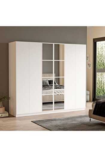 Yurupa Teeny 6 Kapaklı Çekmeceli Aynalı Gardırop Elbise Dolabı Beyaz TEE3-W