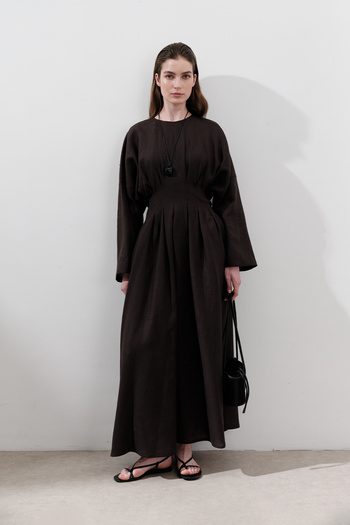 Manuka Linen Pile Detail Dress Bitter Brown
