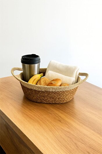 Arma House 1 Piece Wicker Braided Cream Striped Organizer & Bread Bowl