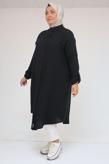 Eslina 58092 Large Size Double Button Detailed Muslin Shirt - Black