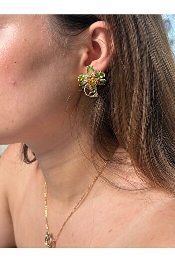 HOUSEKİ Big Flower Earrings with Green Stone