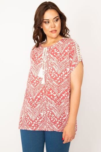 Şans Women's Large Size Colorful Shoulder Lace Woven Fabric Collar Lace Blouse 65n33536