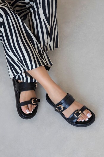 STRASWANS Keysi Women's Buckle Detail Daily Comfort Slippers Black