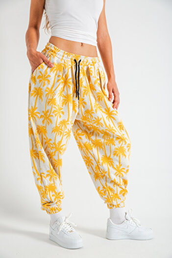 SUPERBLUE Women's Palm Patterned Pleated Baggy Trousers
