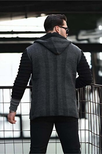 Valiberta Men's Smoked Sleeve Patterned Poncho Cardigan
