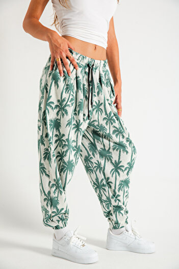 SUPERBLUE Women's Palm Patterned Pleated Baggy Trousers