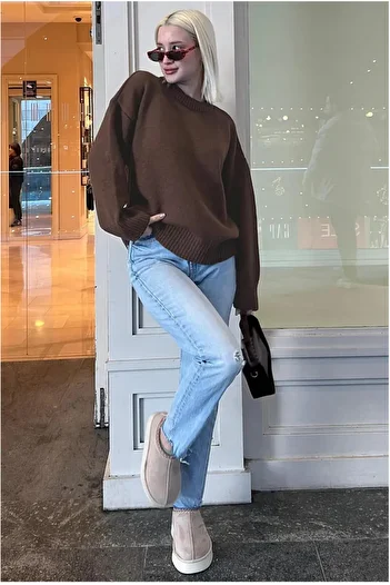 K-ODEA BUTİK Pulover de tricotaj oversize maro pentru femei - decolteu moale texturat