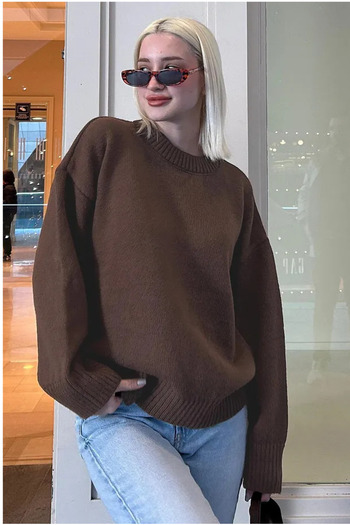 K-ODEA BUTİK Γυναικείο ΚΑΦΕ Πλεκτό Πουλόβερ Oversize - Μαλακή Ανάγλυφη Λαιμόκοψη