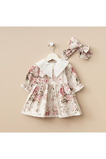 Minimus Newborn Baby Girl Daisy Cotton Dress Triangle Collar Guipure Woven Baby Dress Set with Hairband