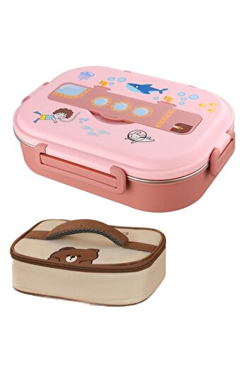 OEM 4-piece children's casserole set, 1000ml bento, soup bowl, cutlery, thermo bag, pink