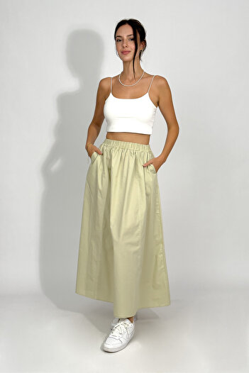 Betimoda Poplin Elastic Waist Pocket Long Skirt Pistachio Green