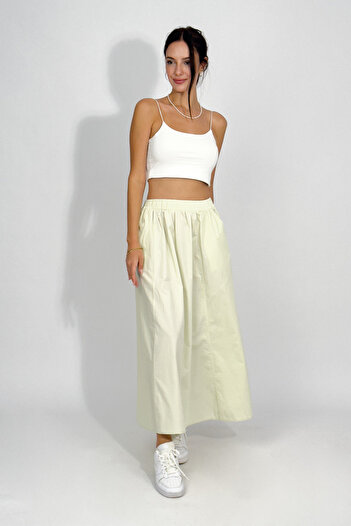 Betimoda Poplin Elastic Waist Pocket Long Skirt Water Green