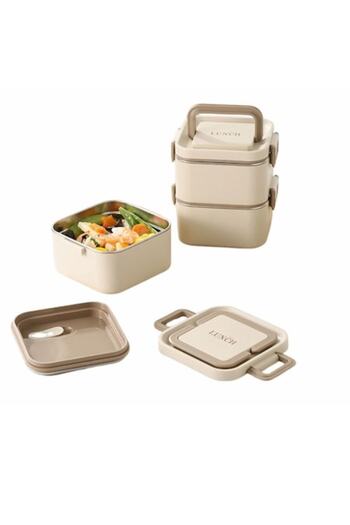 OEM Set of 2 Bento Lunch Boxes 1400ml Stainless Steel with 2 Leakproof Compartments, Cream