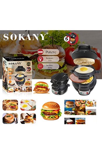SOKANY Hamburger maker 600W, double cooking, non-stick plates, 180° opening, black