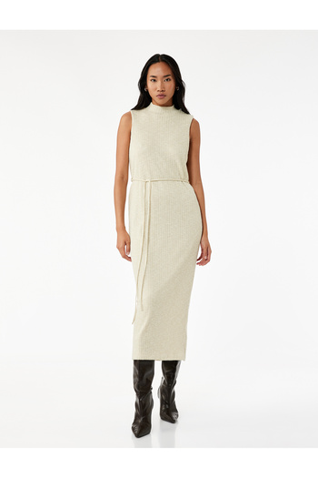 Koton Slim Fit Glitter Belt Sleeveless Stand Collar Midi Length Pencil Dress