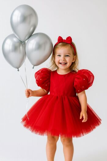 Hobidik Baby Girl Child Red Stone Sleeve Fluffy Tulle Birthday Dress