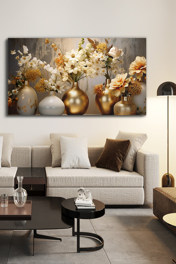 Evinemoda Gold Vazoda Çiçekler Tek Parça Kanvas - Canvas Tablo