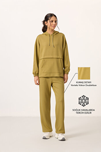 TOMMY LIFE Koyu Hardal Yumuşak Dokulu Kapüşonlu Oversize Kadın Eşofman Tunik Takım - 95348