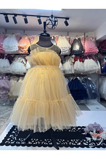 Prenses Peri Kids Βραδινό φόρεμα για κορίτσια για πάρτι με λεπτομέρεια από πέτρα στη μέση
