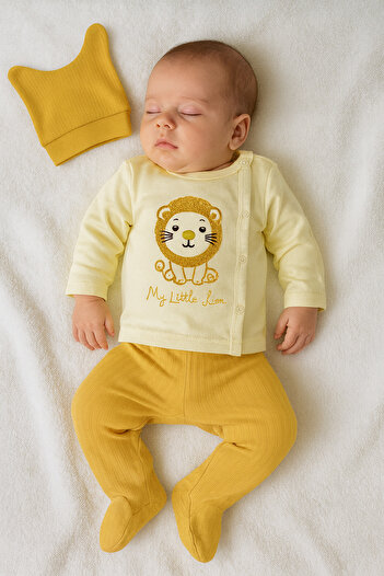 mini mia “%100 Cotton My Little Lion 3-Piece Baby Set – Long Sleeve Top, Booties Bottom and Hat