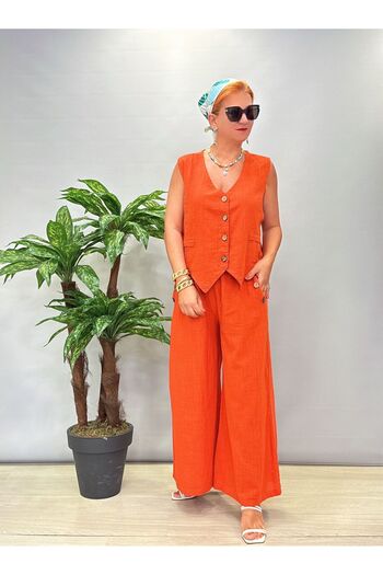 AGORATEKSTİL Women's Linen Cotton Buttoned Vest and Pants Suit