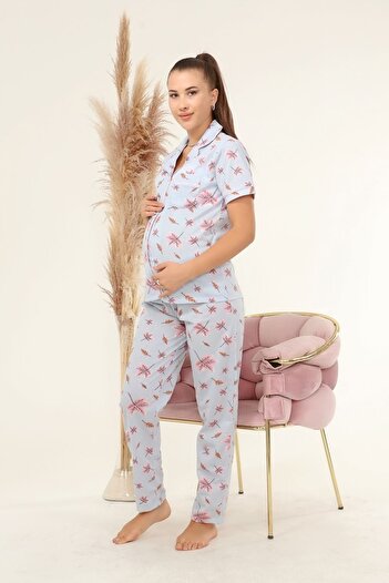 LadyMina Pijama Set de pijamale duble cu mâneci scurte cu frunze albastre pentru gravide și postpartum