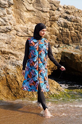 vawensea Women's Sleeves and Tights Lycra and Body Parachute Hijab Swimsuit Blue Leaf